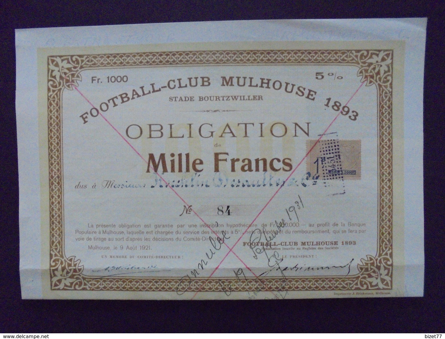 MULHOUSE - FOOTBALL CLUB, STADE BOURTZWILLER - OBLIGATION DE 1 000 FRS - 1893 - Otros & Sin Clasificación