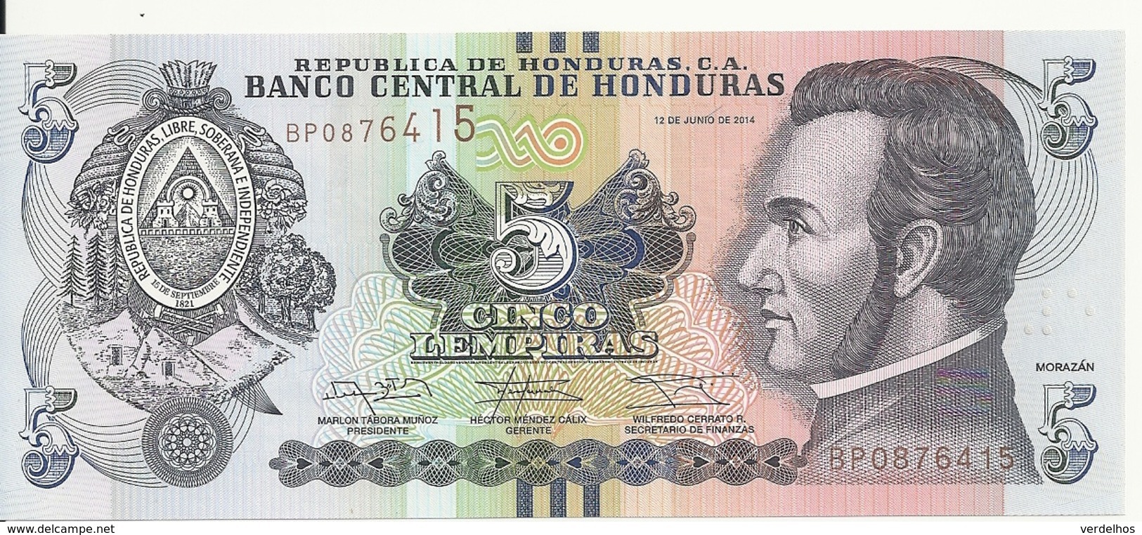 HONDURAS 5 LEMPIRAS 2014 UNC P 98 B - Honduras