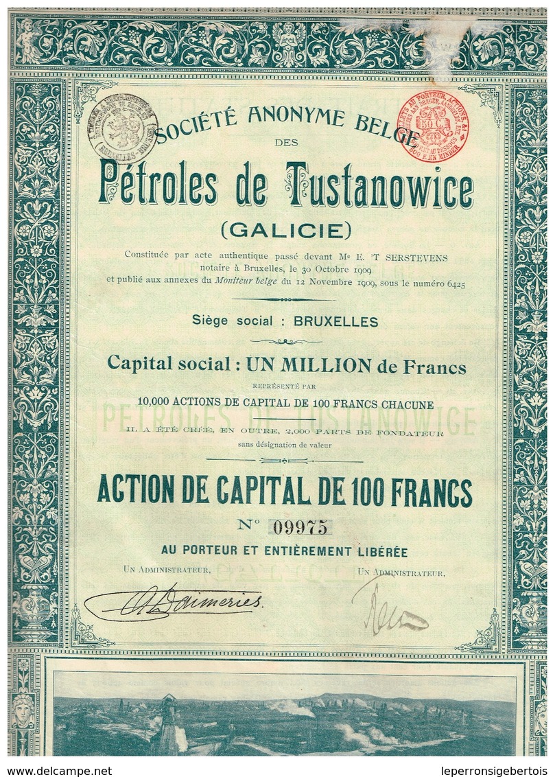 Titre Ancien - Société Anonyme Belge Des Pétroles De Tustanowice (Galicie) -Titre De 1909 - Oil