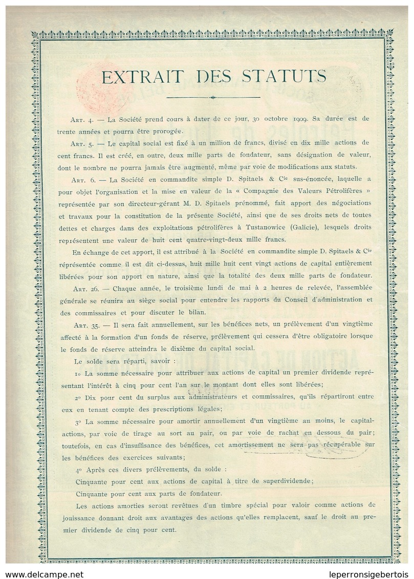 Titre Ancien - Société Anonyme Belge Des Pétroles De Tustanowice (Galicie) -Titre De 1909 - Pétrole