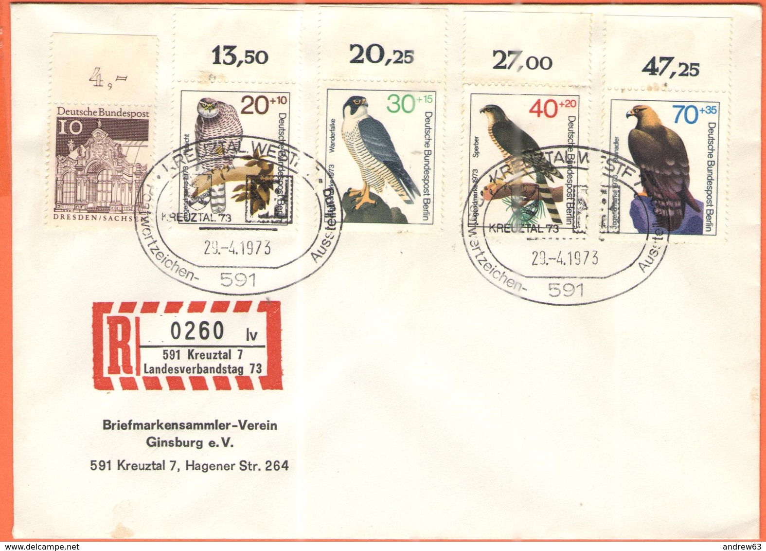 GERMANIA - GERMANY - Deutschland - ALLEMAGNE - 1973 - 10 Dresden + 4 Uccelli Rapaci, Birds Of Prey + Special Cancel Kreu - Storia Postale