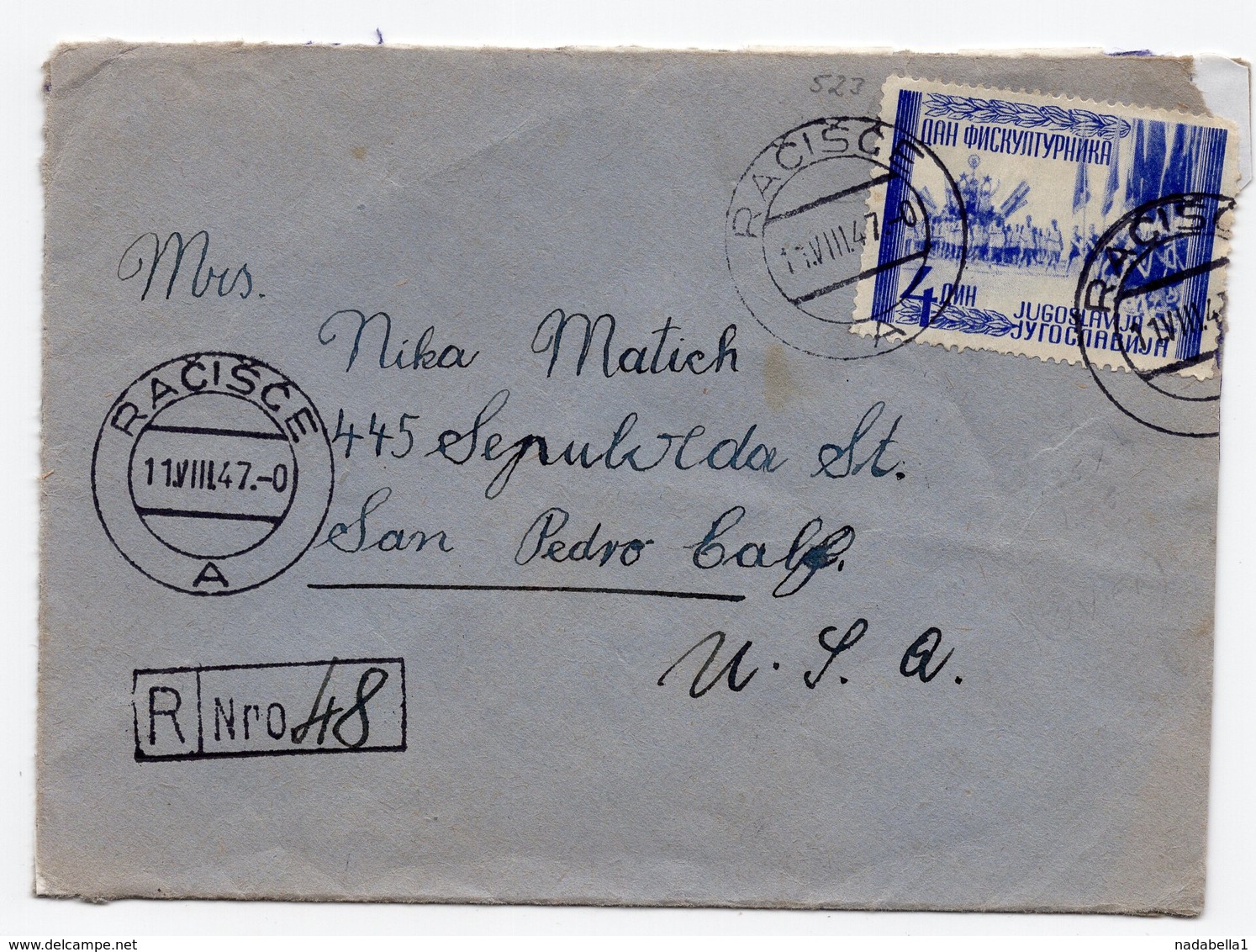 1947 YUGOSLAVIA, CROATIA, RACISCE, KORCULA TO SAN PEDRO, USA, REGISTERED MAIL - Covers & Documents