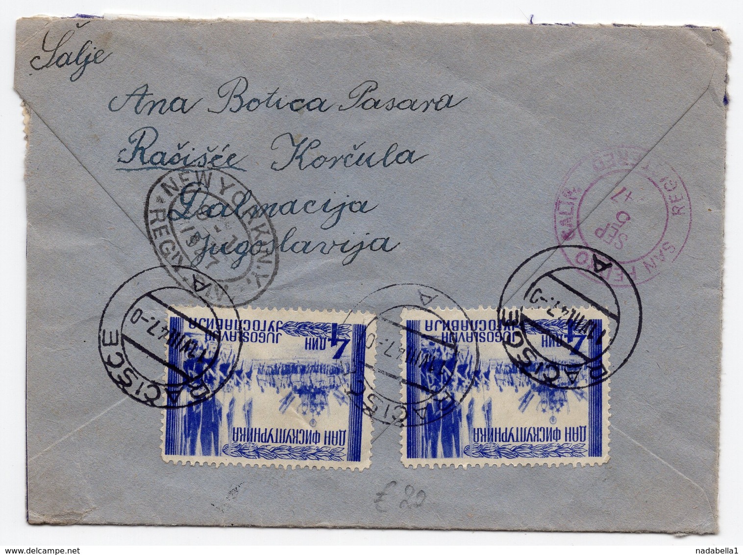 1947 YUGOSLAVIA, CROATIA, RACISCE, KORCULA TO SAN PEDRO, USA, REGISTERED MAIL - Covers & Documents