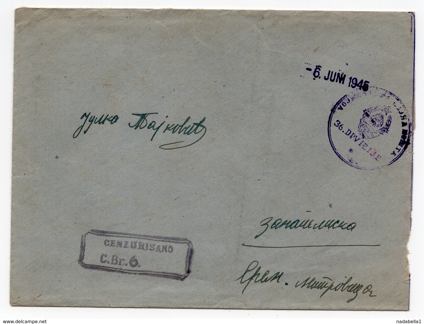 1946 YUGOSLAVIA, 06 JUNE 1945, CENSORED, MILITARY POST  36th DIVISION TO SREM. MITROVICA, SERBIA - Yugoslavia