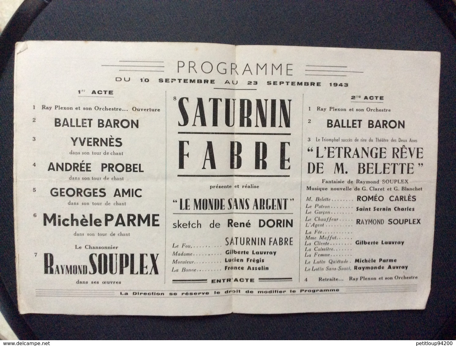 PROGRAMME ALHAMBRA  Music-Hall  *SATURNIN FABRE  Le Monde Sans Argent  SEPTEMBRE 1943 - Programs