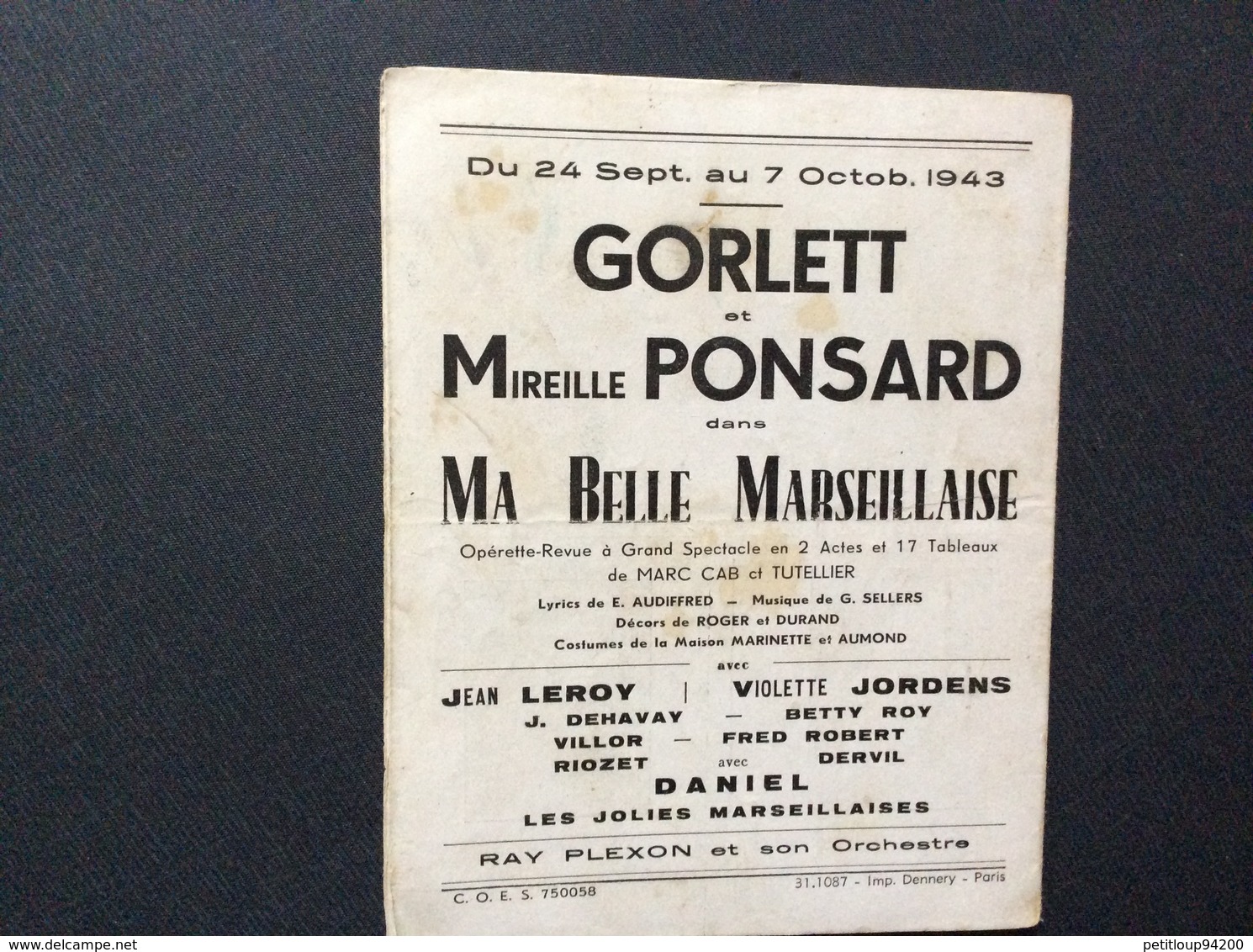 PROGRAMME ALHAMBRA  Music-Hall  *SATURNIN FABRE  Le Monde Sans Argent  SEPTEMBRE 1943 - Programmes