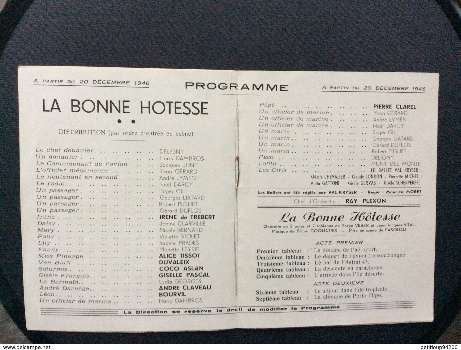 PROGRAMME ALHAMBRA  Music-Hall  *BOURVIL *ANDRE CLAVEAU *GISELLE PASCAL *ALICE TISSOT *DUVALEIX  La Bonne Hôtesse  1946 - Programs