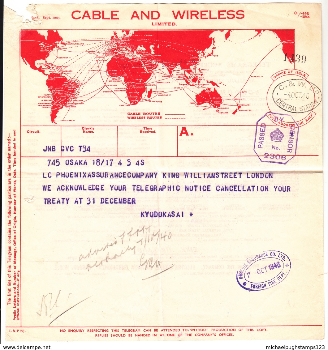 G.B. / Telegrams / Censorship / Cable + Wireless / Japan / Insurance - Unclassified