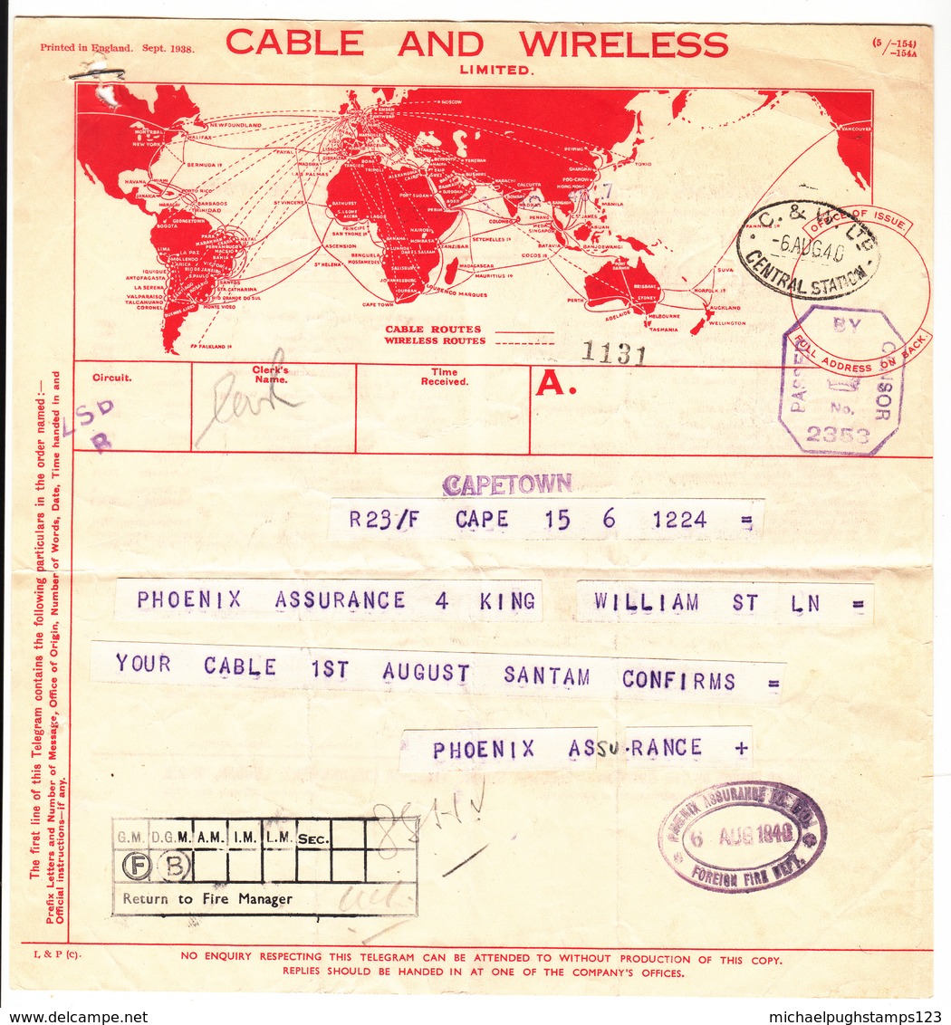 G.B. / Telegrams / Censorship / Cable + Wireless / Insurance / Wartime Business - Unclassified