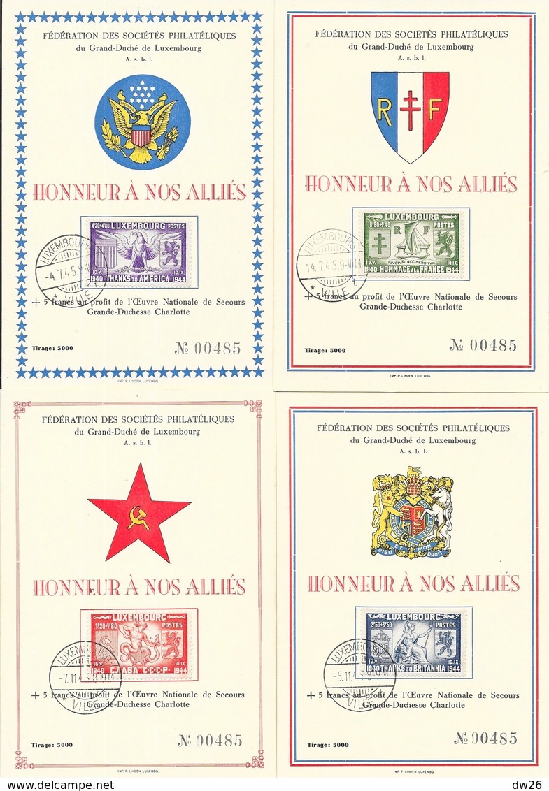 Luxembourg - Honneur à Nos Alliés (France, Britania, América, C.C.C.P. - Lot 4 Cartes Sociétés Philatéliques 1944 - 1940-1944 Duitse Bezetting