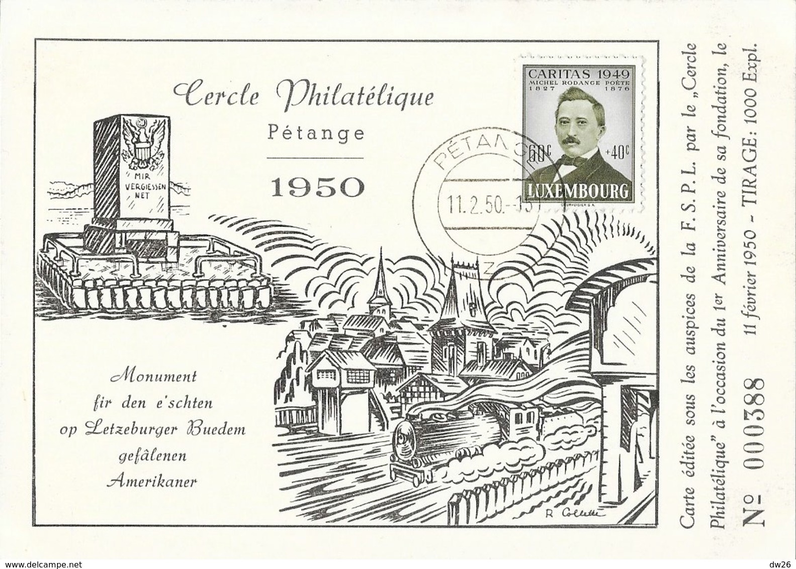 Luxembourg - Cercle Philatélique Pétange 1950 - Timbre Caritas 1949 60c + 40c (1er Anniversaire De La Fondation) - Covers & Documents