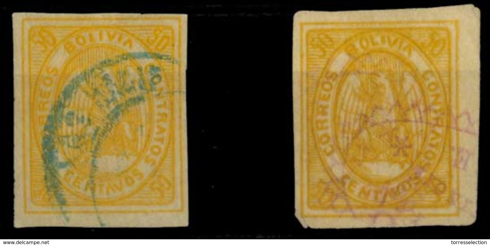 BOLIVIA. Yv 5º (x2). 50c Yellow With Blue (Customs) And Red (Notarial) Cancels. Ex Patiño.. Sale! - Bolivia