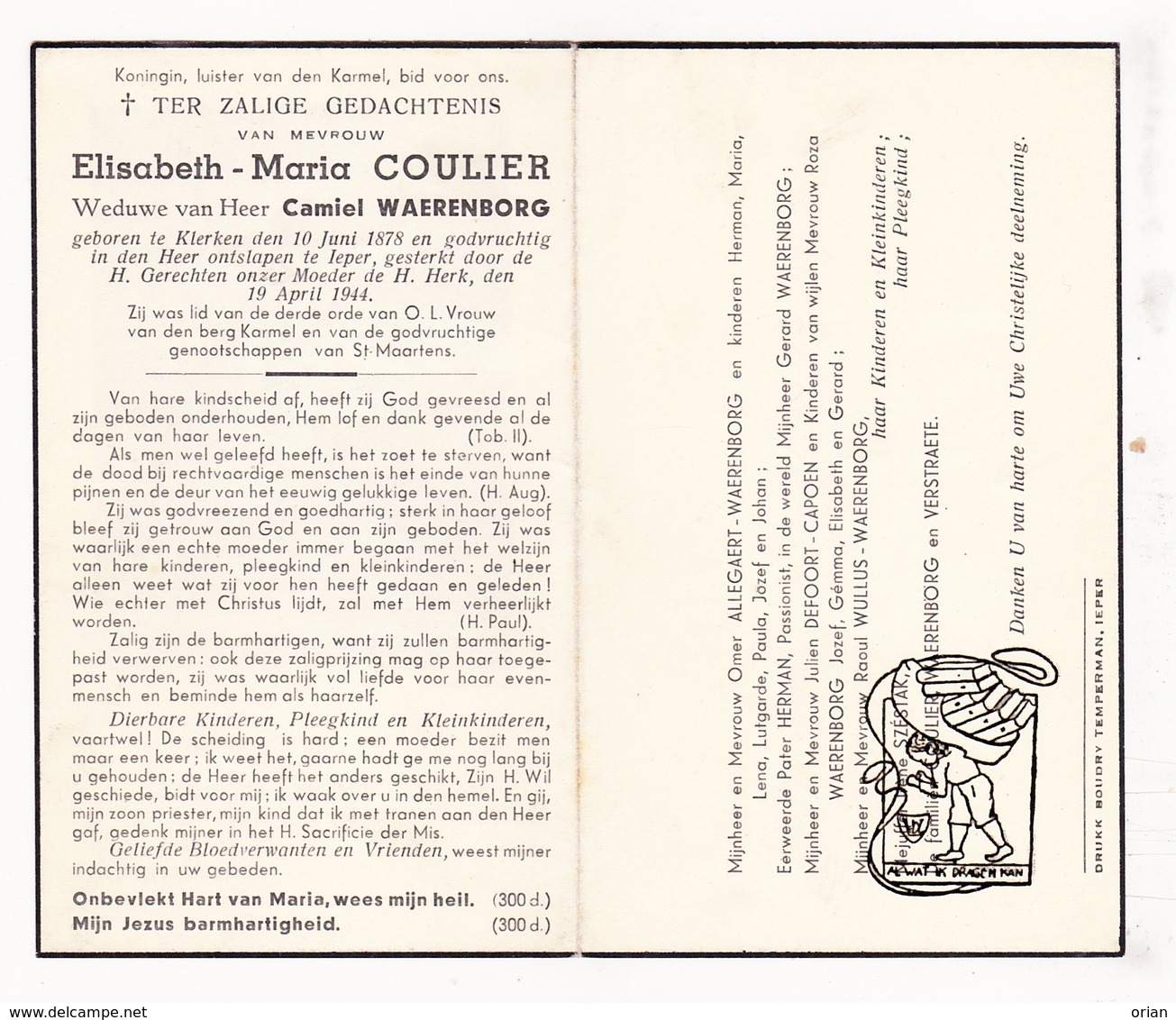 DP Elisabeth M. Coulier ° Klerken Houthulst 1878 † Ieper 1944 X Waerenborg / Allegaert Defoort Capoen Wullus Verstraete - Devotion Images