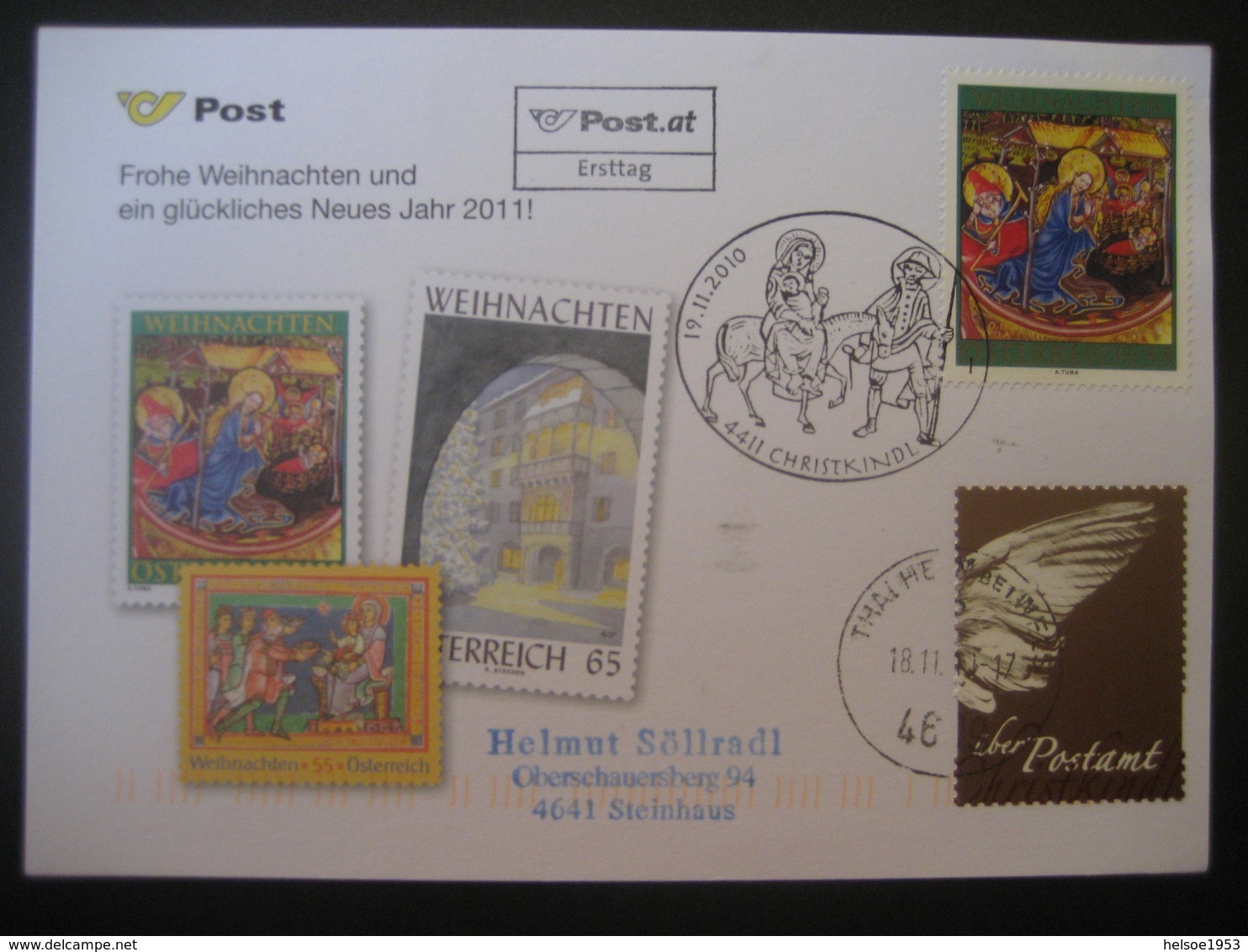 Österreich Christkindl 19.11.2010 Ersttag ÖPT Karte Mit Leitzettel Thalheim - Storia Postale