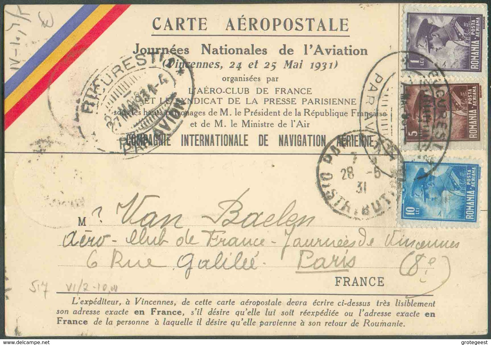 PA7-9-10 Obl. Double Ovale BUCURESI PAR AVION Sur Carte Aéropostale Du 7 Mai 1931 Vers Paris Et Retour Affr. FRANCE N°24 - Brieven En Documenten