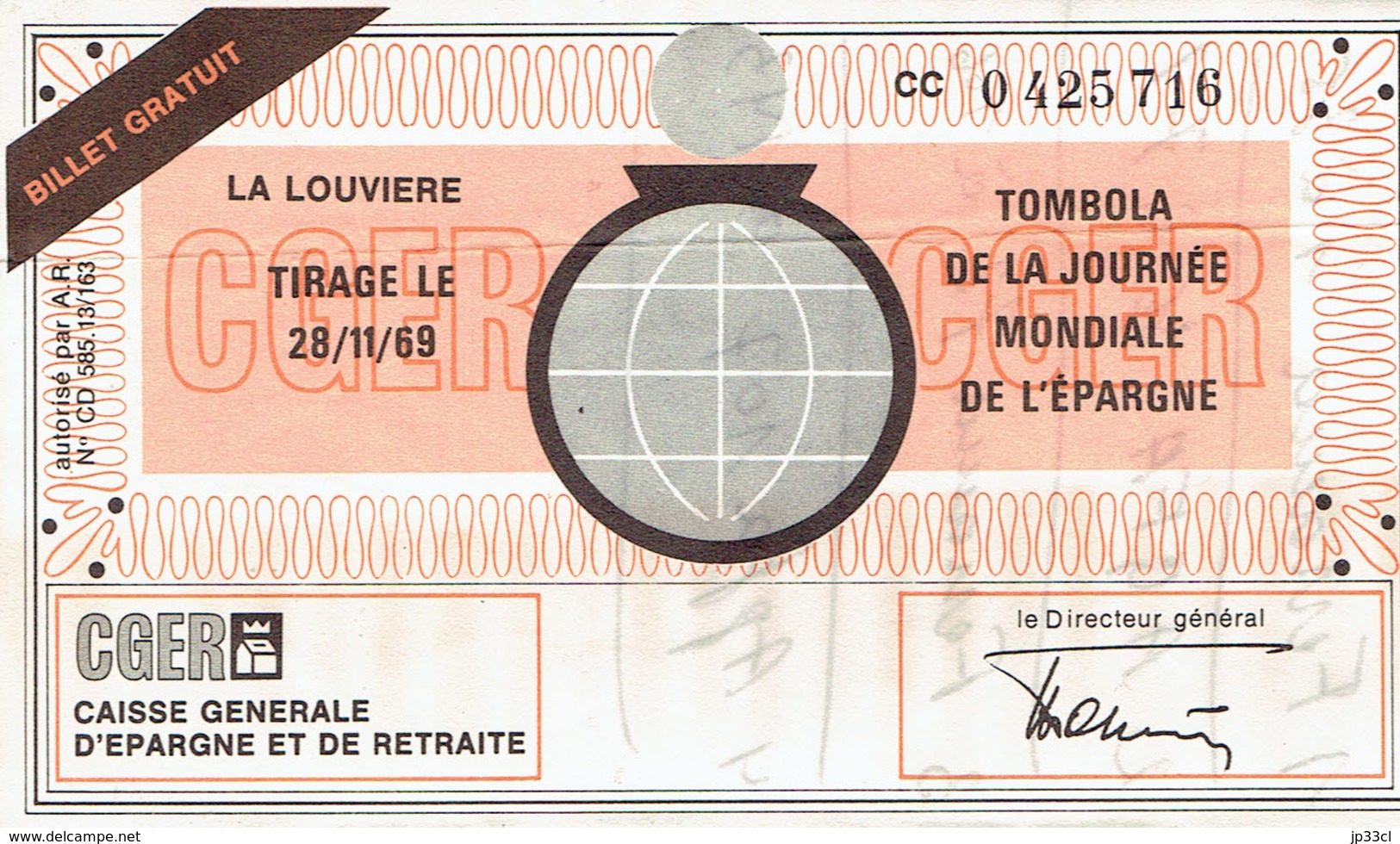 Ancien Billet De Tombola Journée Mondiale De L'épargne émis Par La CGER La Louvière (28/11/1969) - Lotterielose