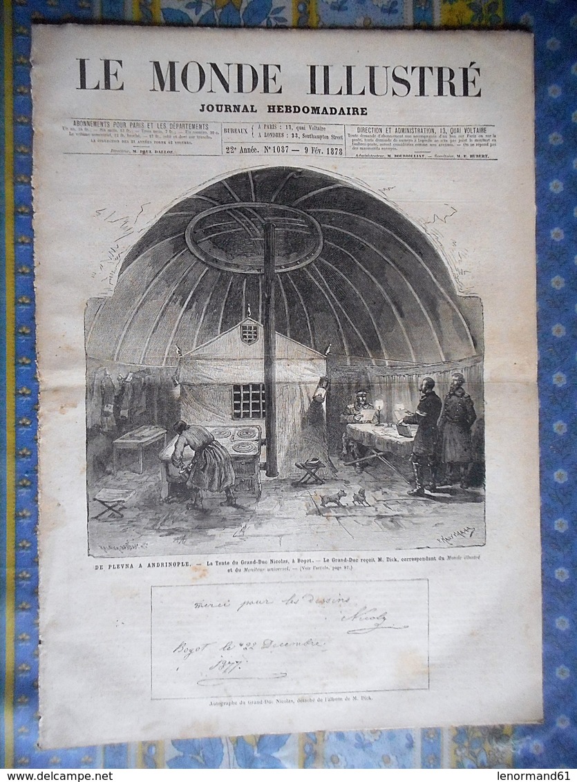 LE MONDE ILLUSTRE 09/02/1878 PLEVNA CONSTANTINOPLE BOGOT SUEDE LINNE ESPAGNE ATOCHA COMBAT TAUREAUX BEAUX ARTS DUPAIN - 1850 - 1899