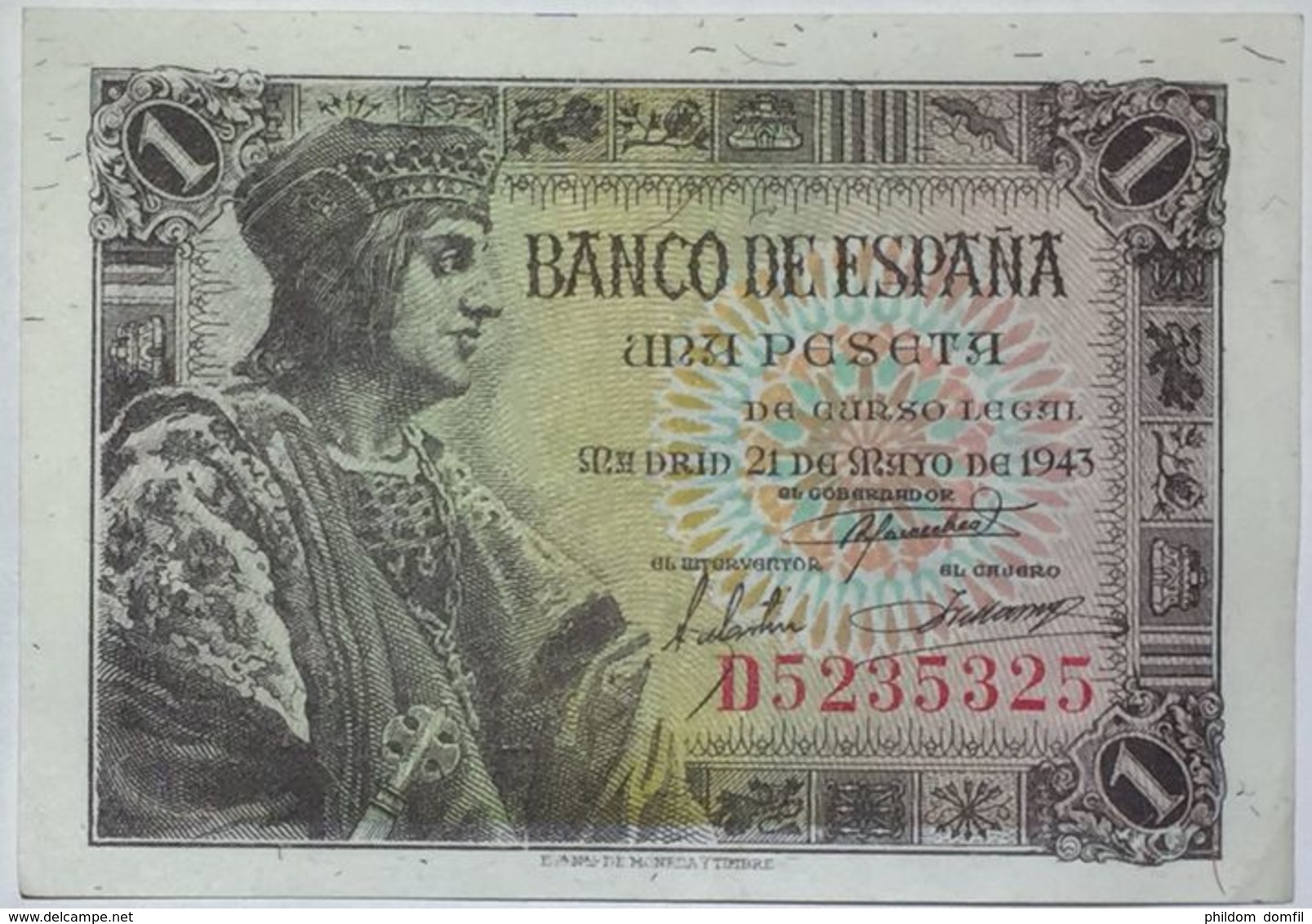 Ref. 117-522 - BIN SPAIN . 1943. 1 Peseta Estado Espa�ol 21 De Mayo De 1943. 1 Peseta Estado Espa�ol 21 De Mayo De 1943 - Other & Unclassified