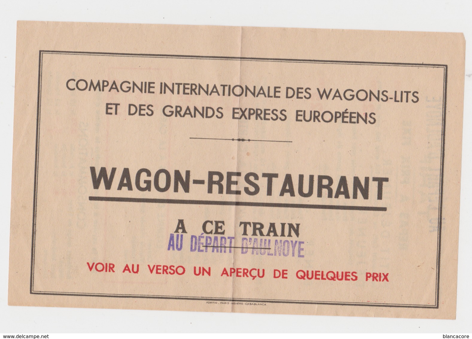 Chemins De Fer Wagons Lits Vers 1930 Tarif Du Wagon Restaurant Au Verso / Train Au Départ D'Aulnoye Gare ( Cachet ) - Advertising