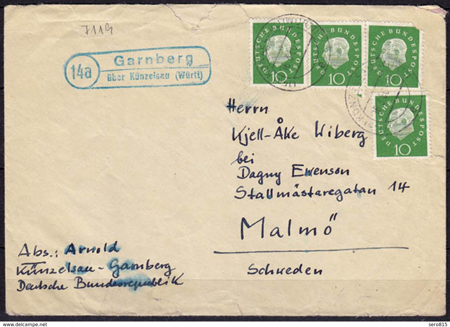 Brief Posthilfstelle/Landpost Garnberg über Künzelsau 1960  (1944 - Sonstige & Ohne Zuordnung