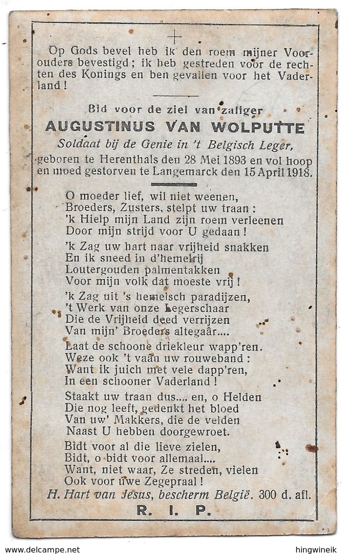 Van Wolputte Augustinus(gesneuveld  -herentals  1893 -langemark 1918) - Religión & Esoterismo