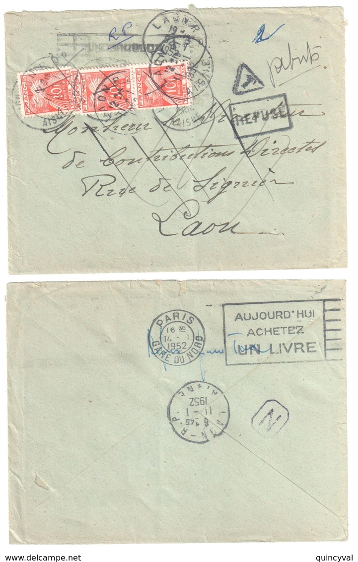 LAON Aisne Lettre NON Affranchie Adressée IMPOTS Taxe REFUSE Rebuts PARIS Ob 1952 10 Fgerbe Orange Yv T 86 - 1859-1959 Cartas & Documentos