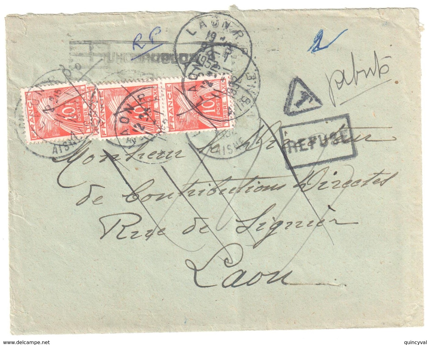 LAON Aisne Lettre NON Affranchie Adressée IMPOTS Taxe REFUSE Rebuts PARIS Ob 1952 10 Fgerbe Orange Yv T 86 - 1859-1959 Cartas & Documentos