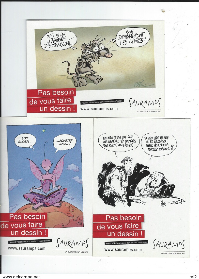 Lot 3 CPM Pub Librairies Sauramps Signées P'titluc, Caza, Fabcaro Neuves TBE - Autres & Non Classés