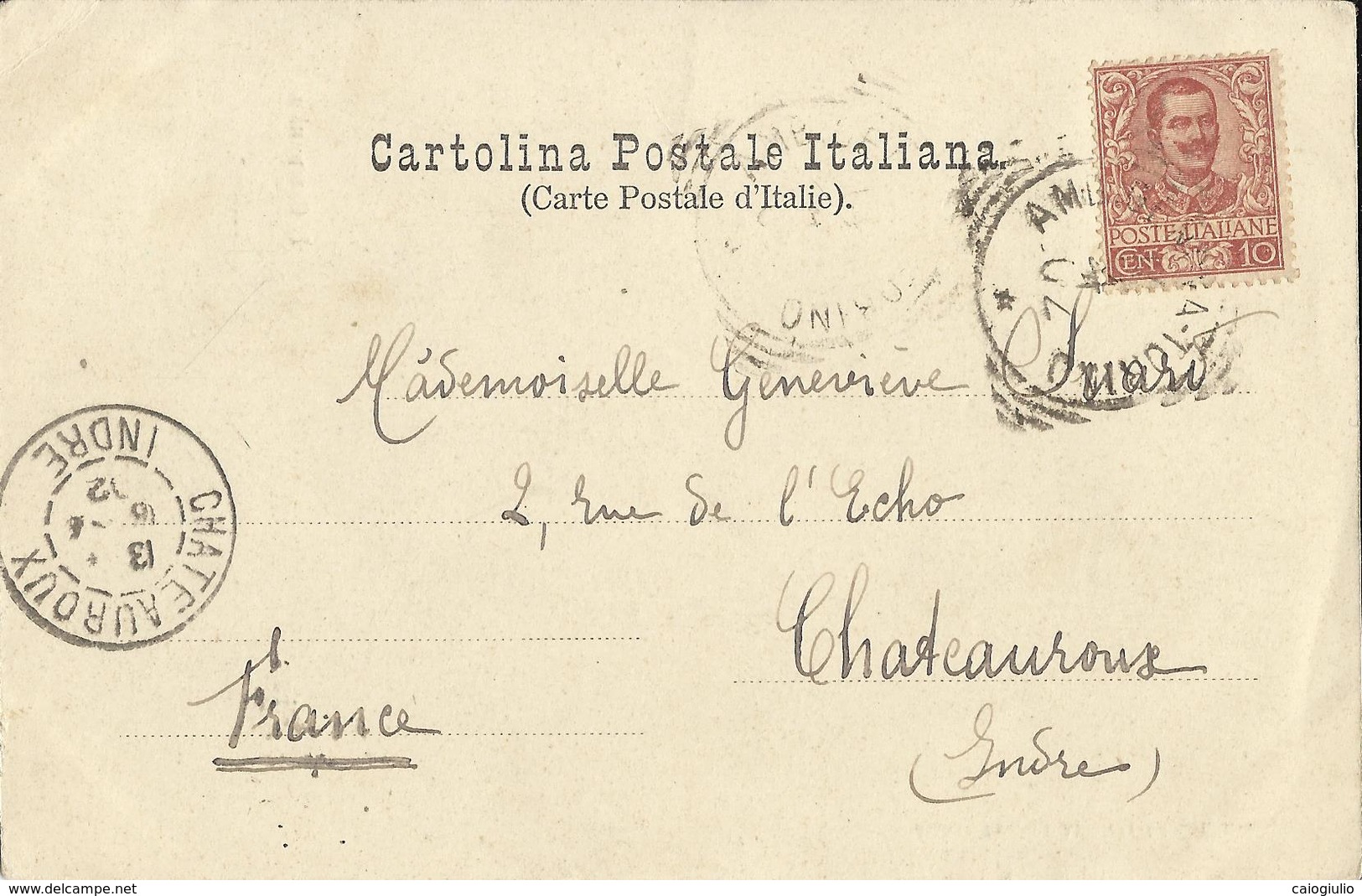 1902 - PISA - VIAGGIATA X CHATEAUROUX - ANNULLO TONDO RIQUADRATO AMB.PISA-TORINO- CG - Storia Postale