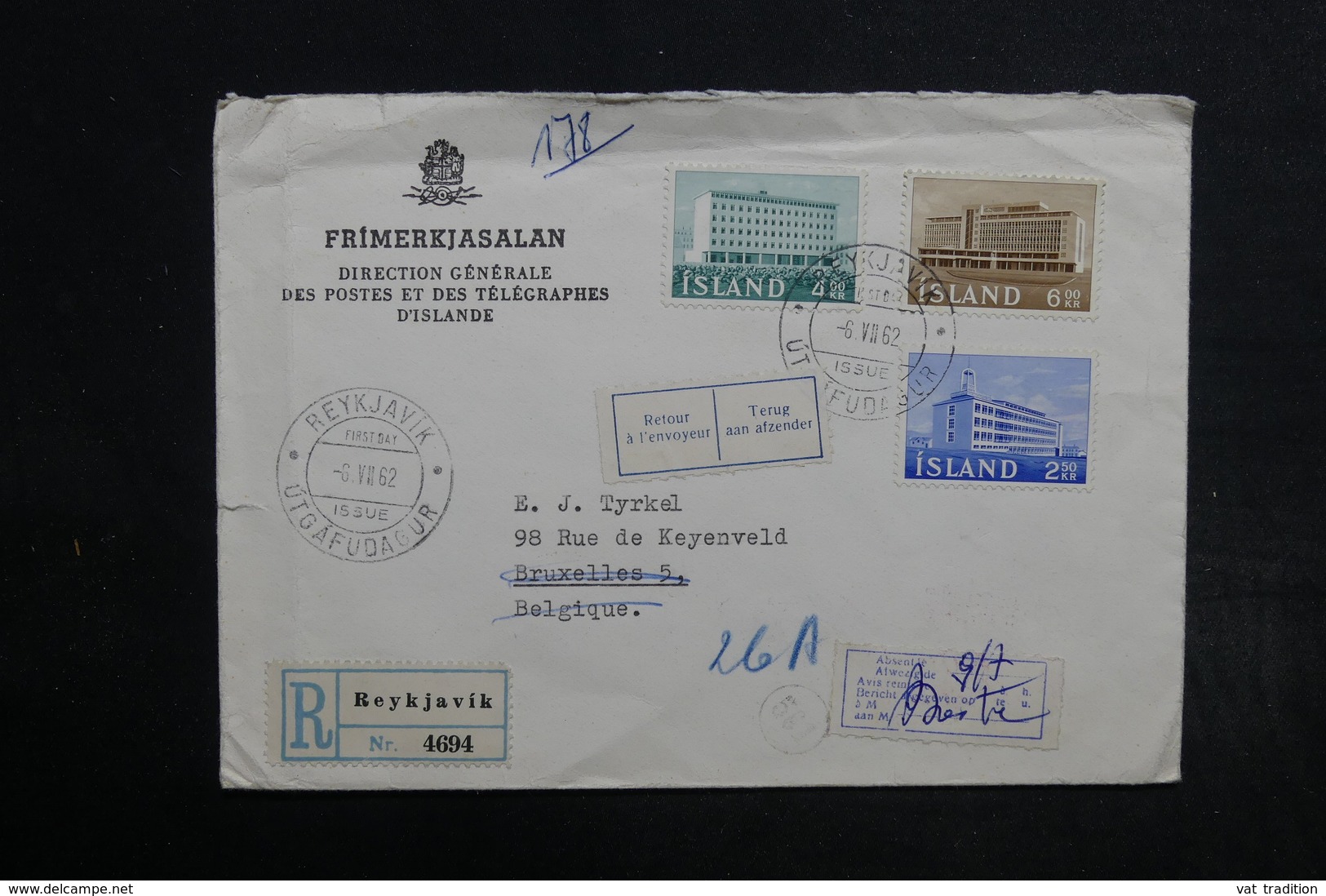 ISLANDE - Enveloppe En Recommandé De Reykjavik Pour La Belgique En 1962 , Affranchissement Plaisant - L 32312 - Cartas & Documentos