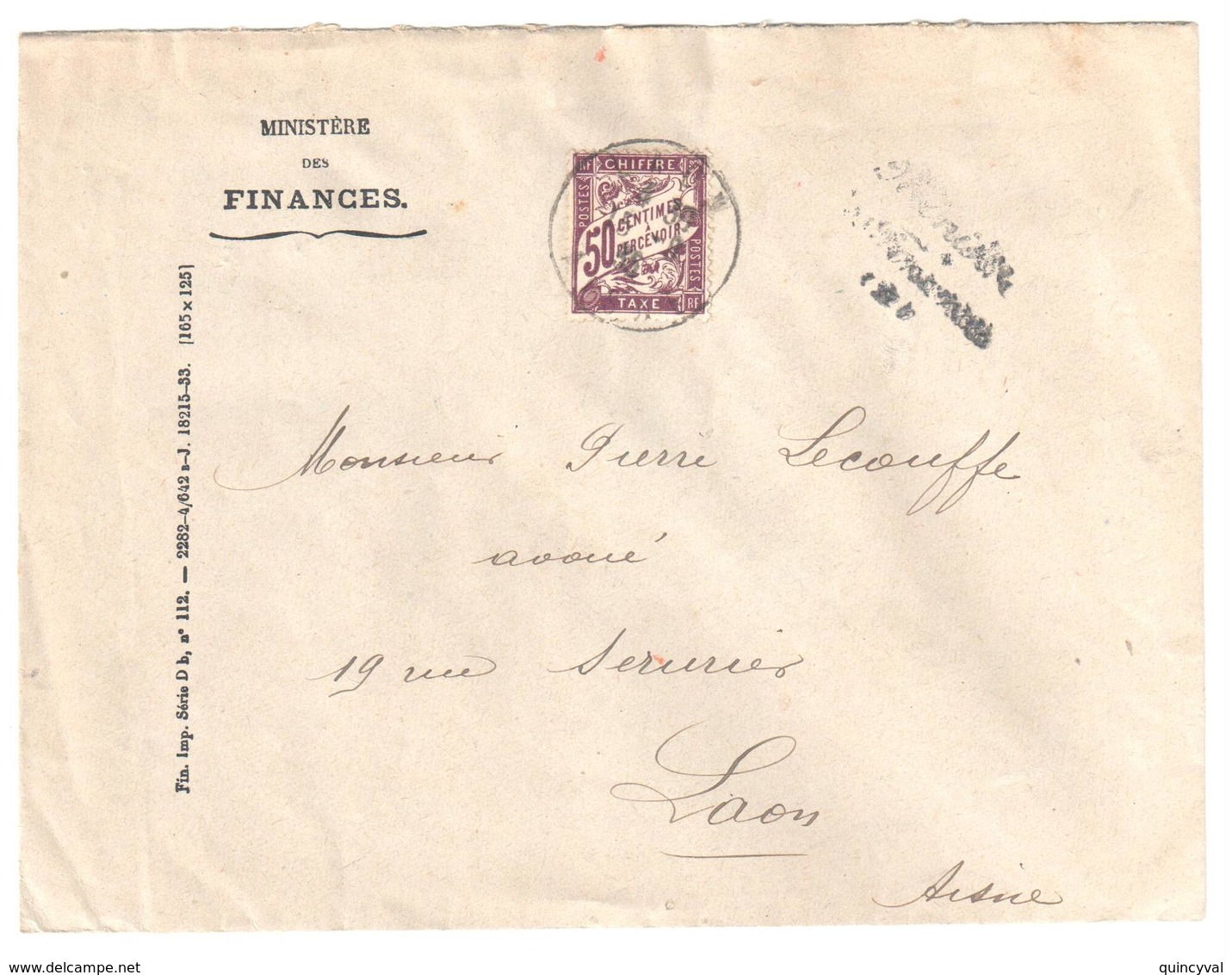 LAON Lettre Simple Taxes Ob 1936 Ministères Des Finances 50 C Banderole Yv T 37 Simple Taxe - 1859-1959 Covers & Documents