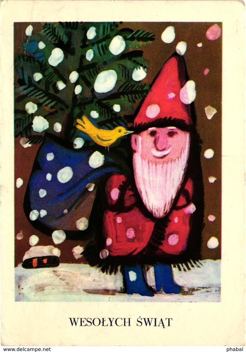 Santa Claus With A Yellow Bird, Christmas, Postcard 70's Or 80's - Santa Claus
