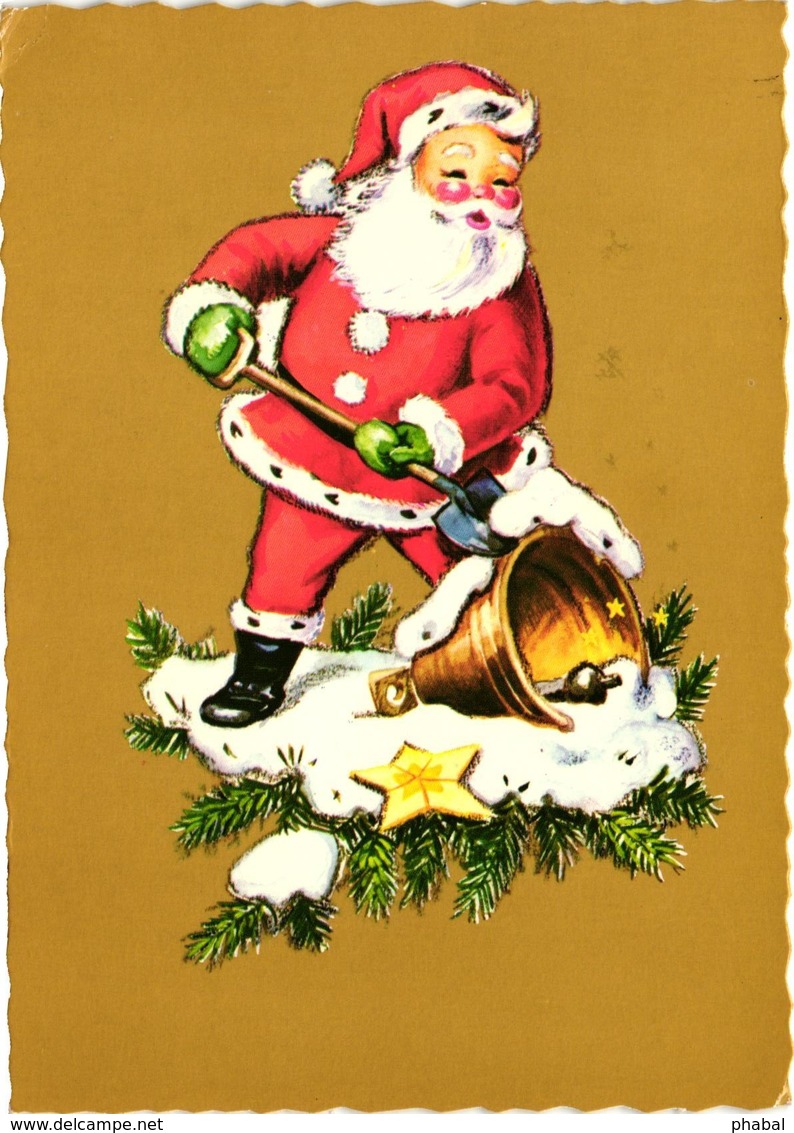 Santa Claus Digging The Snow From A Bell, Christmas, Postcard 70's Or 80's - Santa Claus