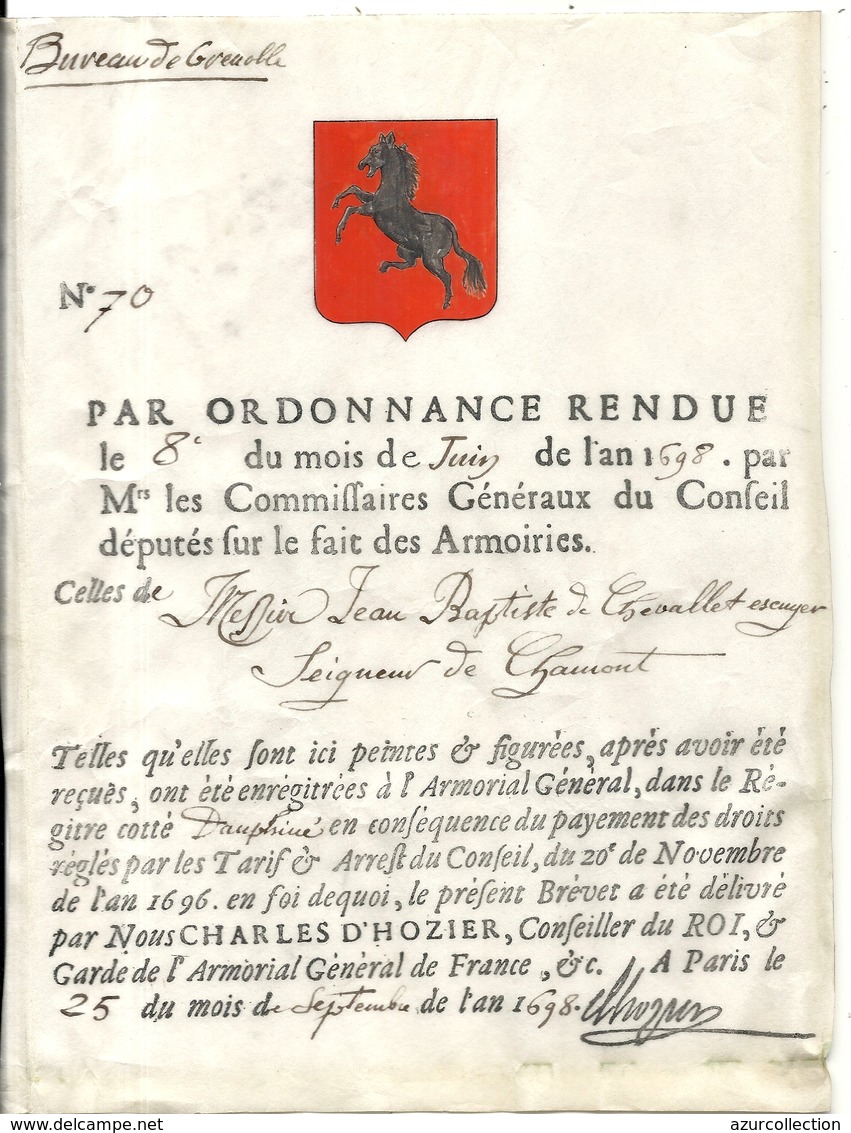 ARMOIRIE .ORDONNANCE CONSEIL DEPUTES SUR LES ARMOIRIES .1698 . GRENOBLE - Documentos Históricos