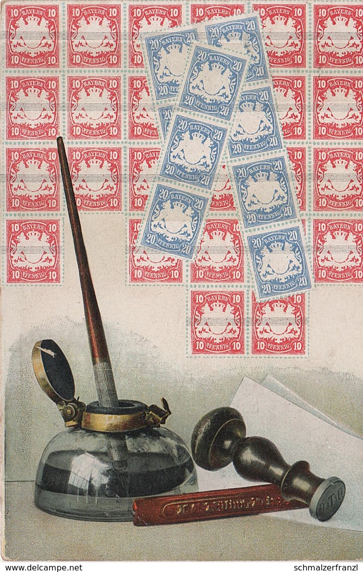 Tintenfass Philatelie Litho AK Bayern Bavaria Bavière 10 20 Pfennig Block Briefmarke Stamp Timbre Stempel Cachet Encrier - Post & Briefboten