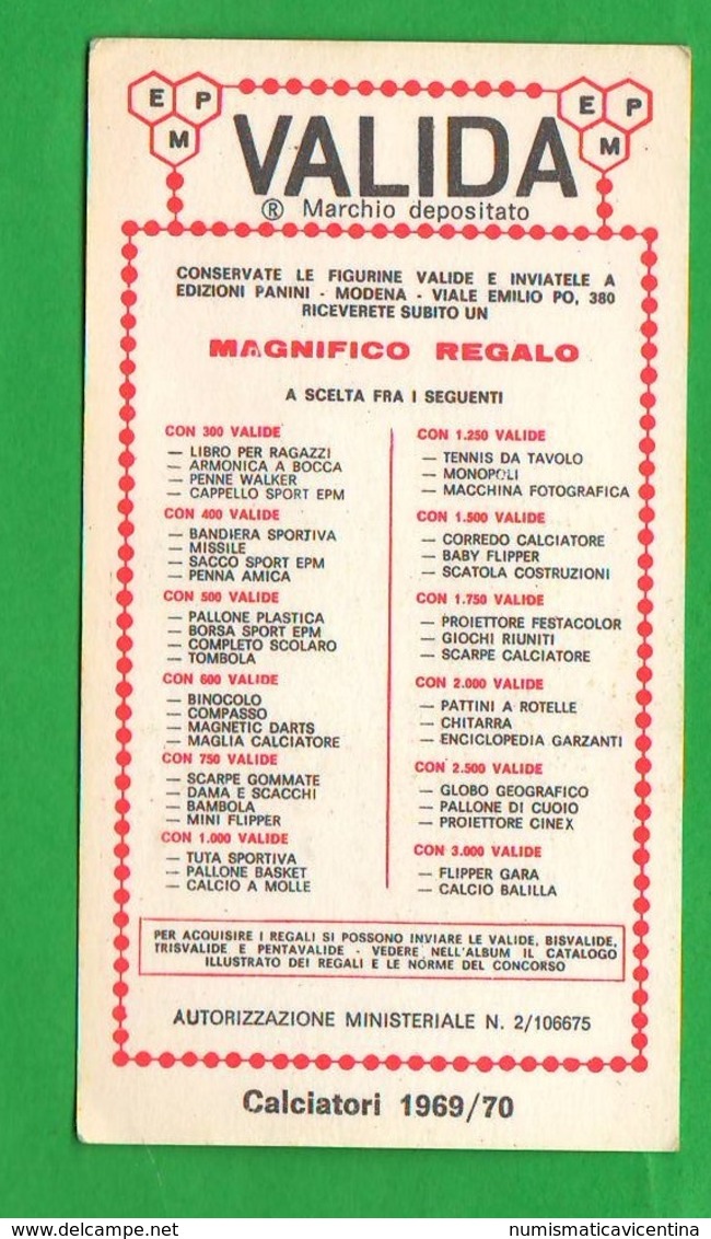 Calcio PANINI Figurine Fabio Cudicini MILAN 1969 - 70 Calciatori - Edizione Italiana