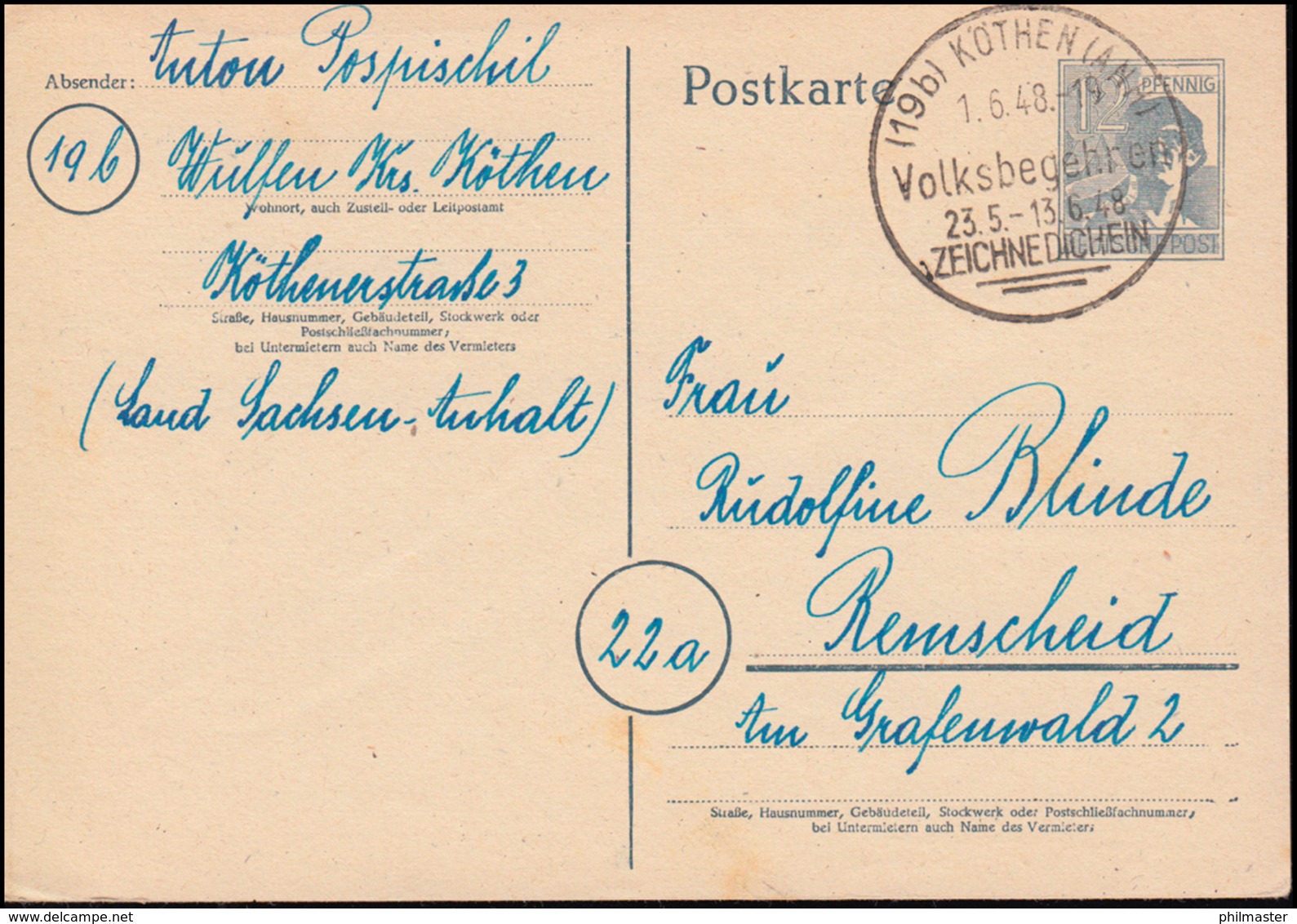 Sonderstempel KÖTHEN (ANH) Volksbegehren 1.6.48 Auf Postkarte P 962 N. Remscheid - Autres & Non Classés