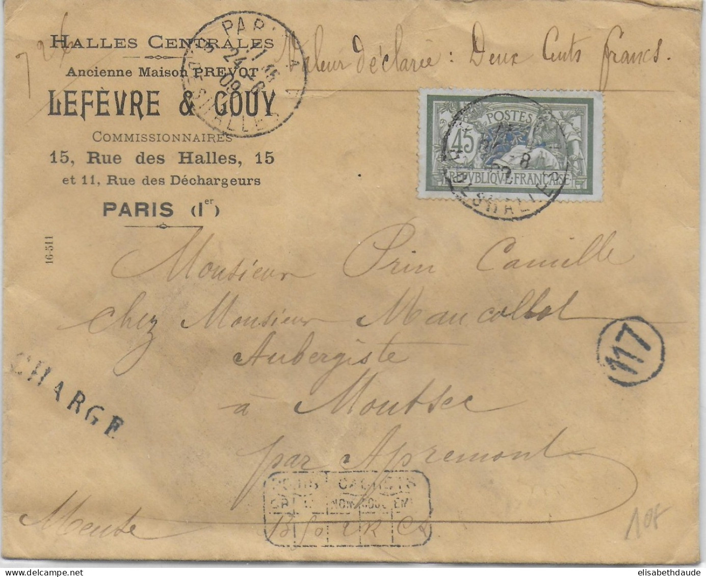 1909 - MERSON SEUL Sur ENVELOPPE CHARGEE De PARIS => APREMONT (MEUSE) - 1900-27 Merson