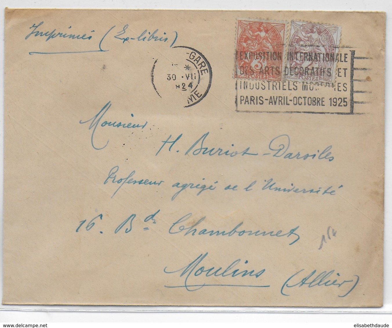 1924 - BLANC - ENVELOPPE De (AMIENS) SOMME Avec OMEC EXPO ARTS DECO De PARIS  => MOULINS - 1900-29 Blanc