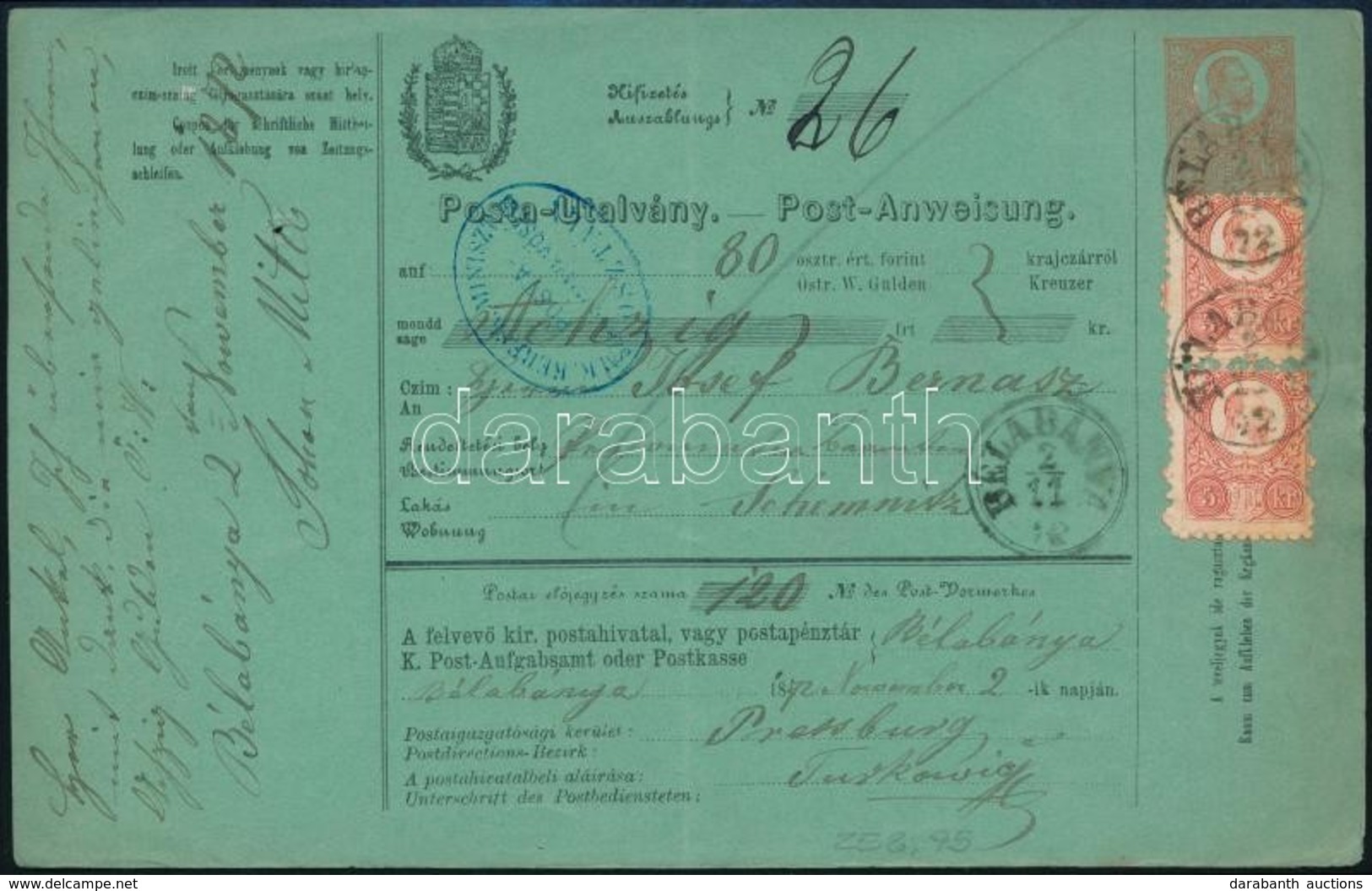 1872 Postautalvány 2 X 5kr Kiegészítéssel 'BÉLABÁNYA' - Selmecbánya (Gudlin 300 P) + Ovális Kék Kereskedelmi Minisztériu - Andere & Zonder Classificatie