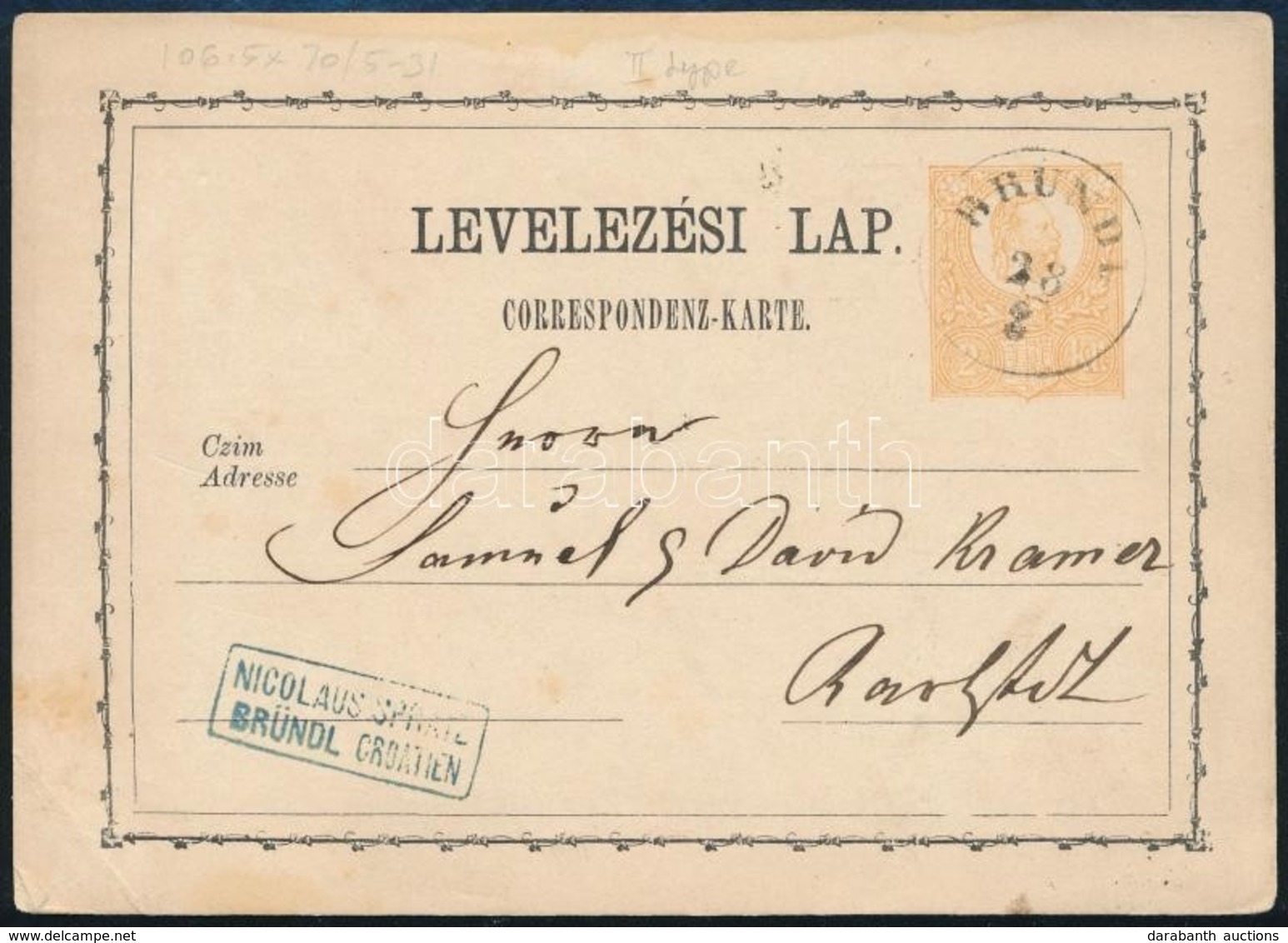 1871 2kr Díjjegyes Levelezőlap 'BRÜNDL' (Gudlin 500 Pont) - Other & Unclassified