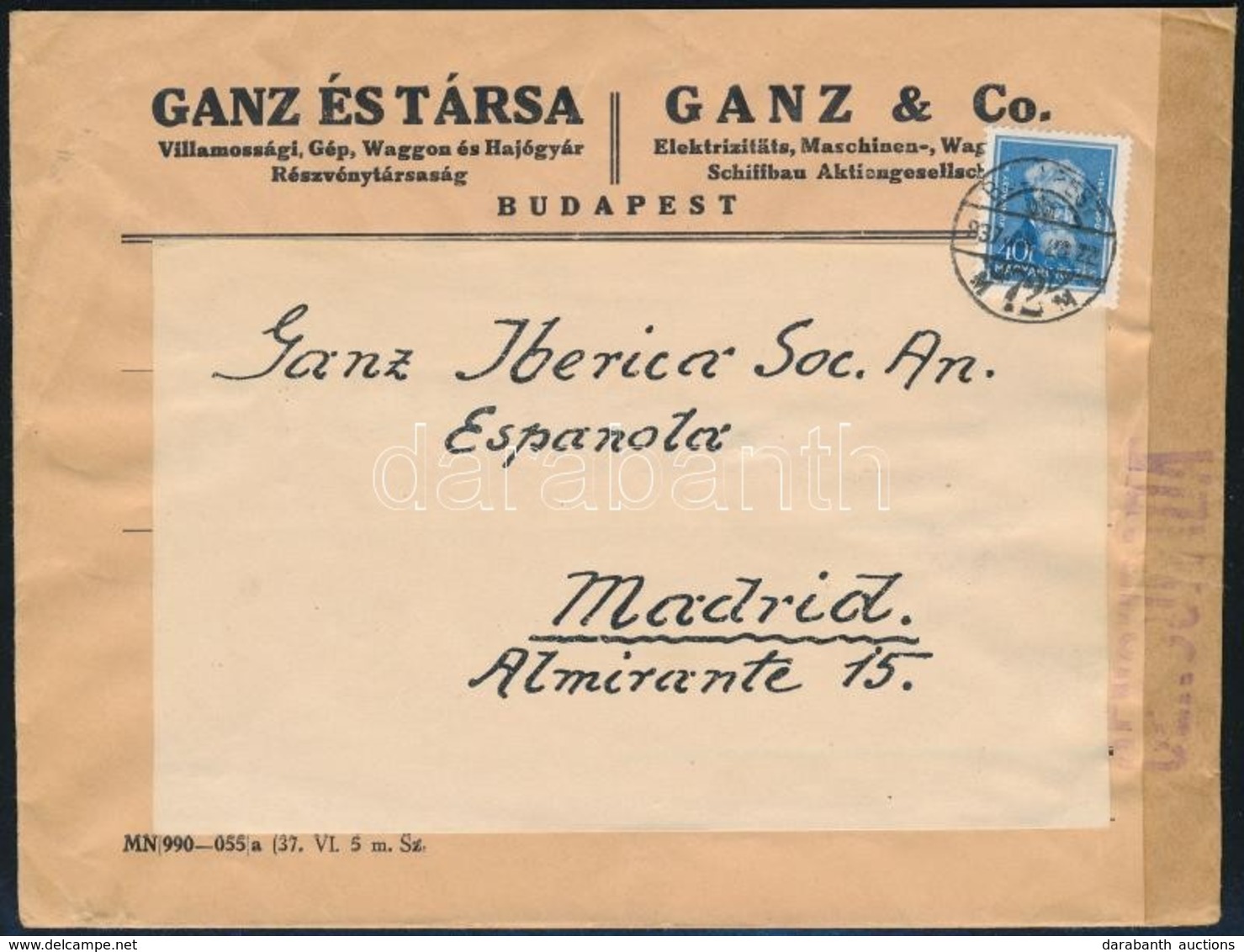 1937 Céges Levél Arcképek 40f Bérmentesítéssel Madridba Küldve - Other & Unclassified