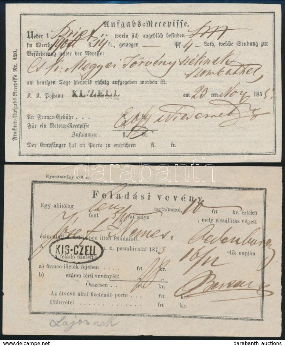 1855 + 1873 Német és Magyar Nyelvű Feladóvevény / Aufgabs Recepisse German And Hungarian Forms 'KL.ZELL' + 'KIS-CZELL' - Andere & Zonder Classificatie