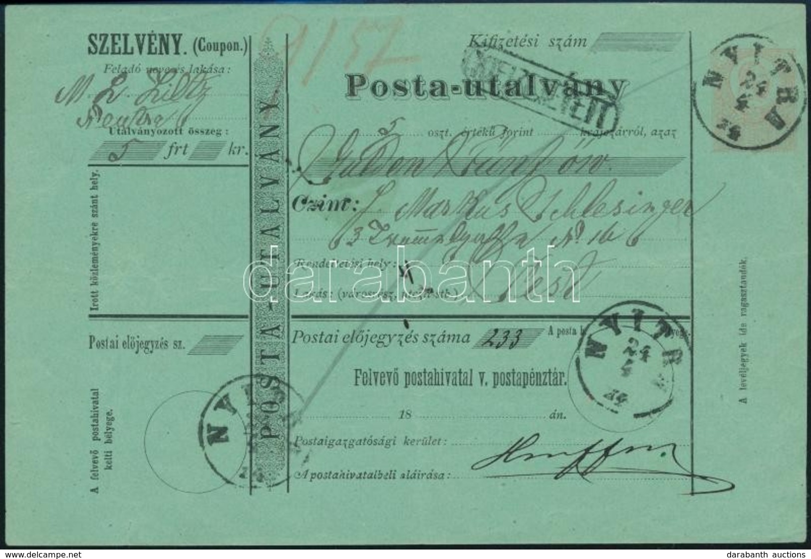 1874 5kr Postautalvány / Money Order 'NYITRA' - Pest - Altri & Non Classificati