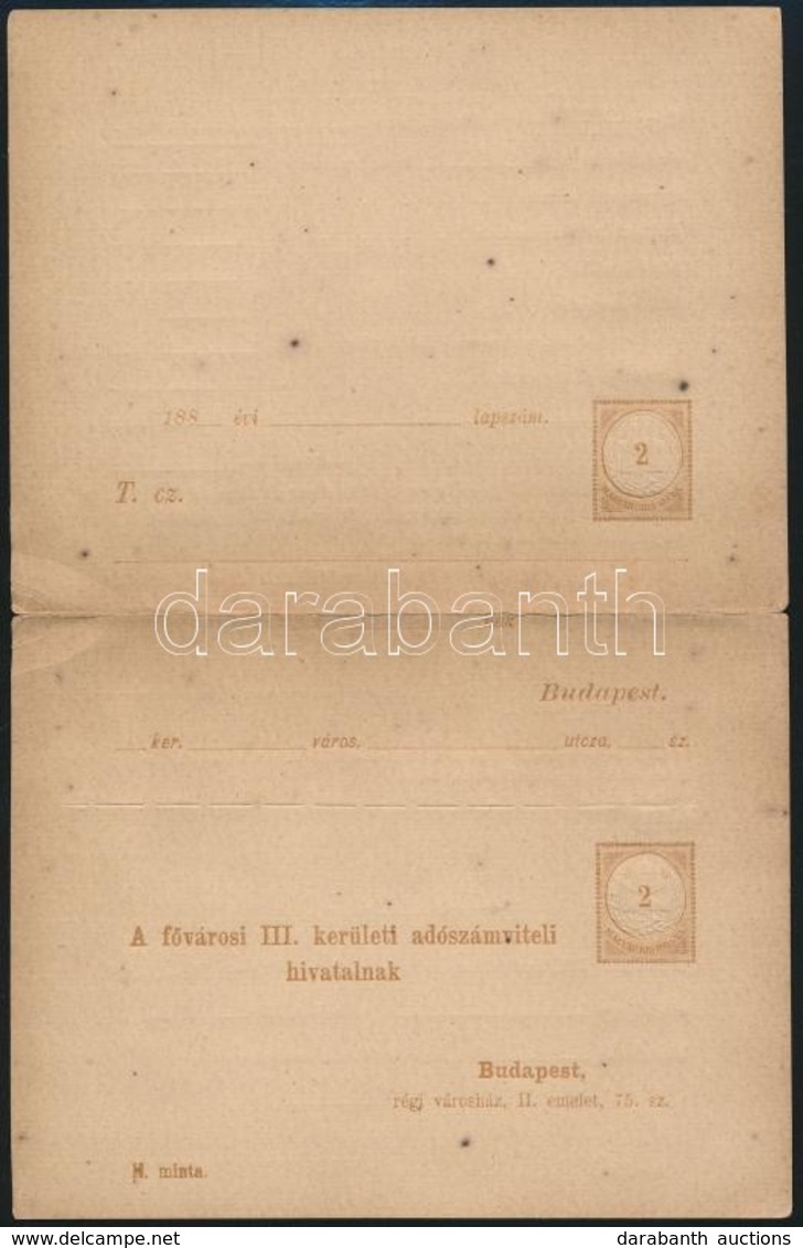 1884 Használatlan 2kr Díjjegyes Adóintés H Minta (MBK 14-1) (6.000) - Andere & Zonder Classificatie