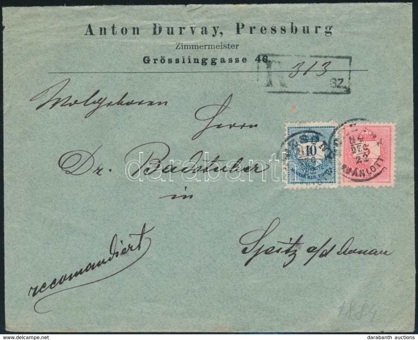 1884 Ajánlott Levél 5kr + 10kr Bélyegekkel Németországba / On Registered Cover To Germany 'POZSONY AJÁNLOTT' - Andere & Zonder Classificatie