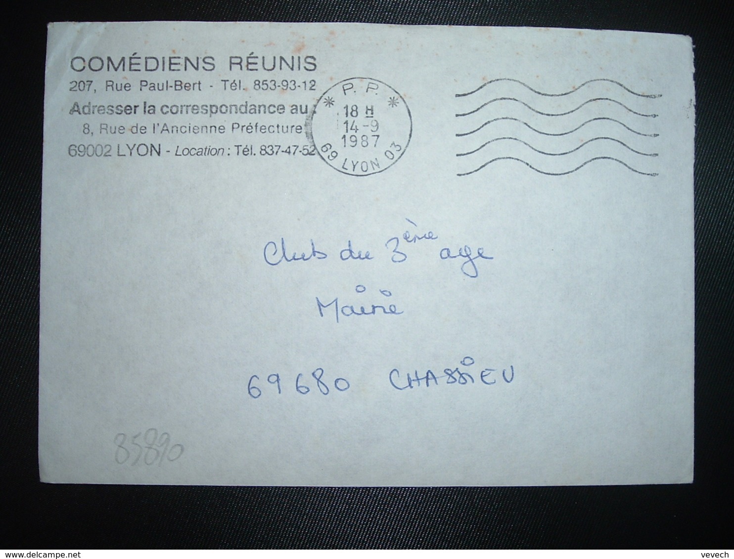 LETTRE PORT PAYE OBL.MEC.14-9 1987 PP 69 LYON 03 + COMEDIENS REUNIS - Oblitérations Mécaniques (Autres)