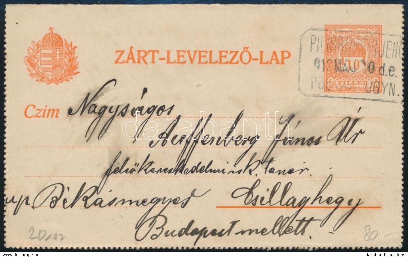 1913 10f Zárt Levelezőlap 'PILISBOROSJENŐ' Postaügynökségi Bélyegzéssel - Andere & Zonder Classificatie