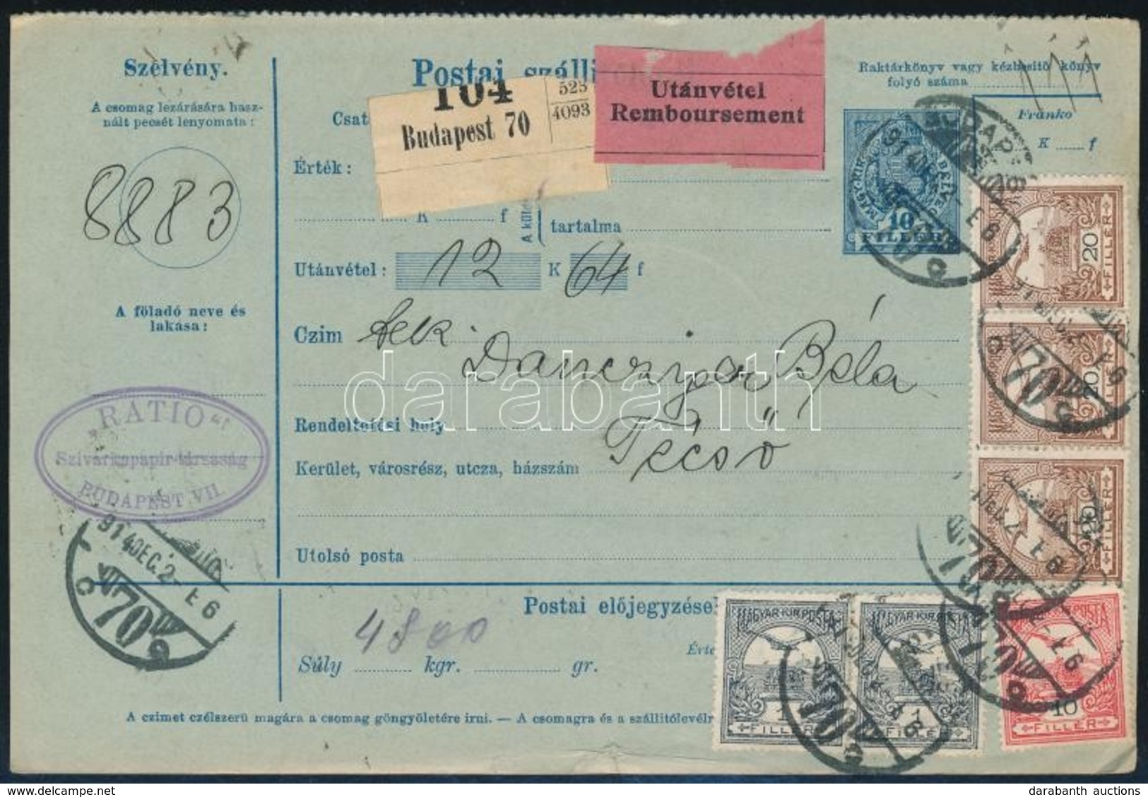 1914 Utánvétes Postai Szállítólevél Turul 72f Bérmentesítéssel - Andere & Zonder Classificatie