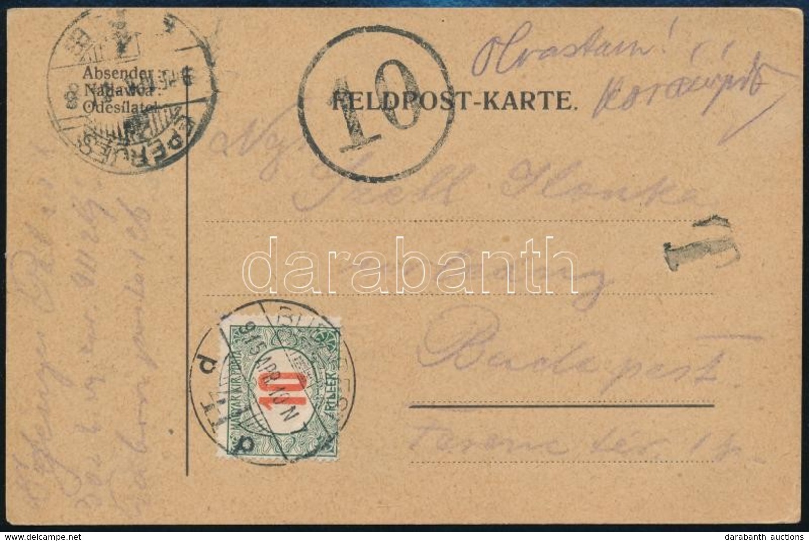 1915 Levelezőlap Tábori Bélyegzés Hiányában 10f Portóval / Postcard With 10kr Postage Due 'EPERJES' - Andere & Zonder Classificatie